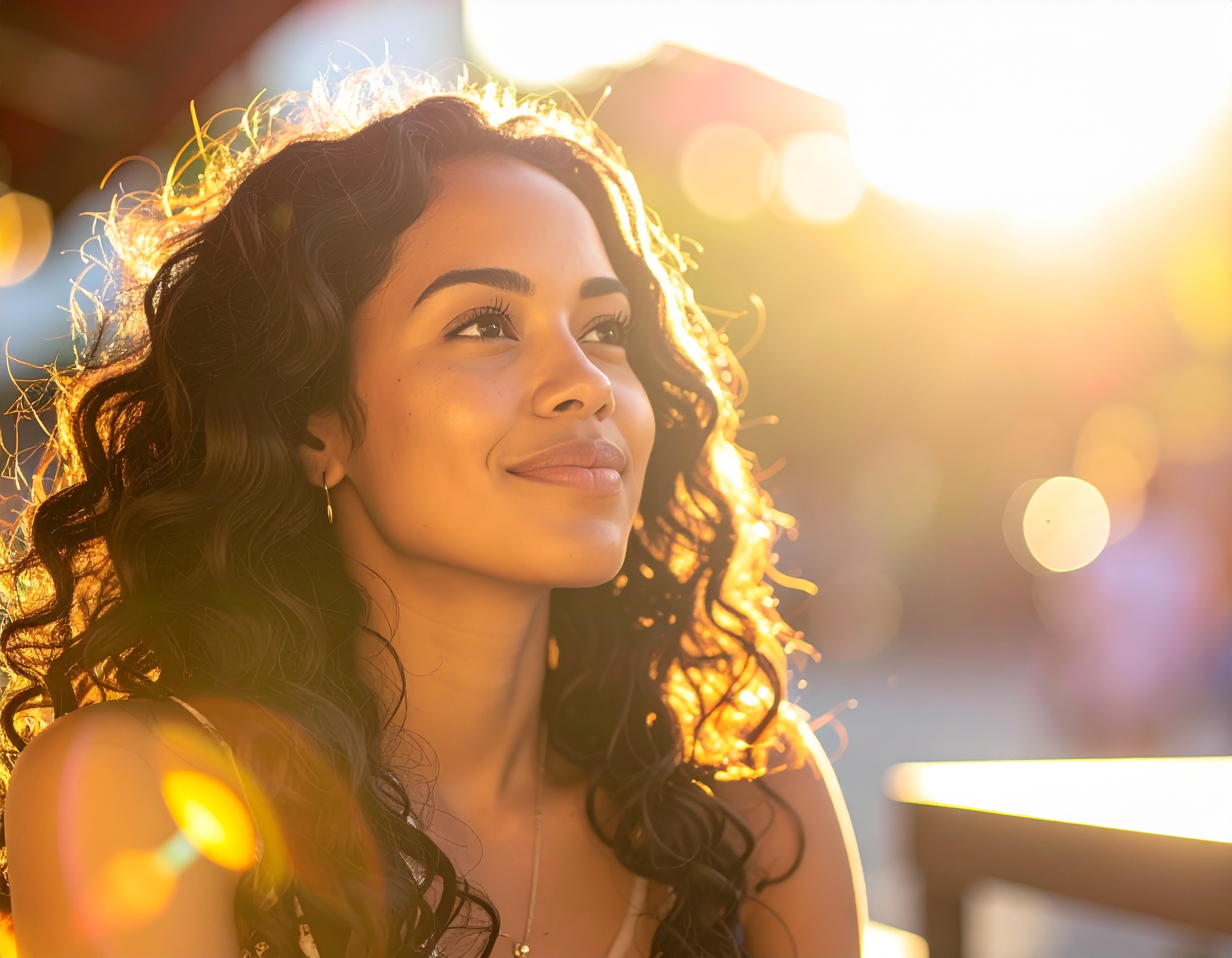 Retrato de uma mulher sorridente com cabelo cacheado iluminada por um pôr do sol dourado. A iluminação cria um efeito de halo ao redor da cabeça. A composição é cuidadosamente equilibrada com um fundo desfocado, destacando a expressão serena e sonhadora da mulher. O ângulo é levemente ascendente, focando na expressão facial relaxada e pacífica.